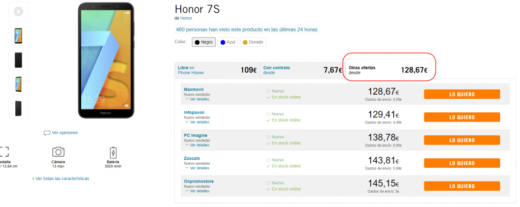 Tel&eacute;fono Honor 7S: Pantalla grande, opciones de color, c&aacute;mara 13MP, bater&iacute;a 3020mAh. Ofertas desde 128,67&euro;. Ideal para tecnolog&iacute;a accesible.