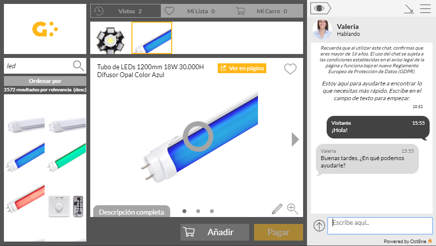 Tubo LED azul destacado; chat en ventana lateral. Texto de b&uacute;squeda y orden en lado izquierdo. Texto del chat: "Buenas tardes, &iquest;En qu&eacute; podemos ayudarle?"