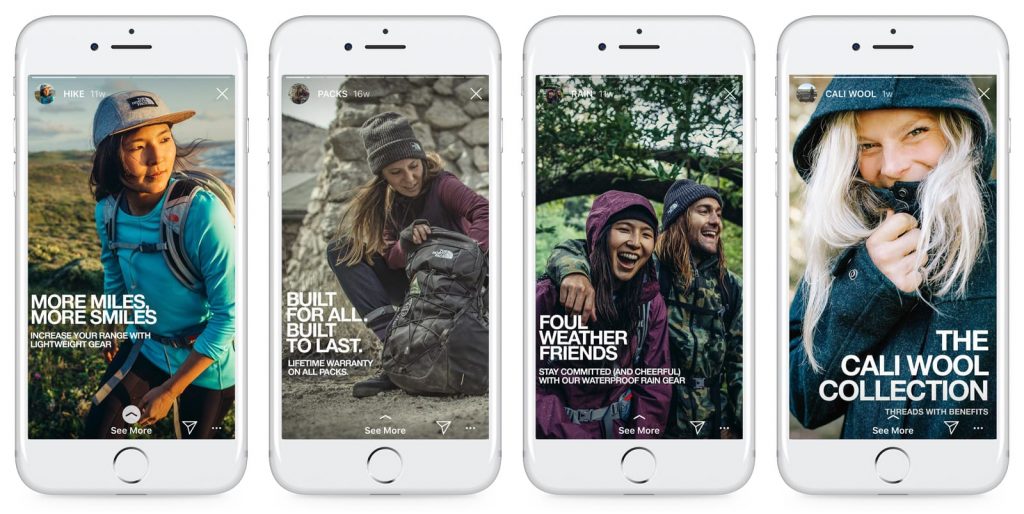 Cuatro im&aacute;genes en m&oacute;viles muestran personas al aire libre con ropa y equipo deportivo. Textos promocionan aventura, durabilidad, amistad y lana de calidad.