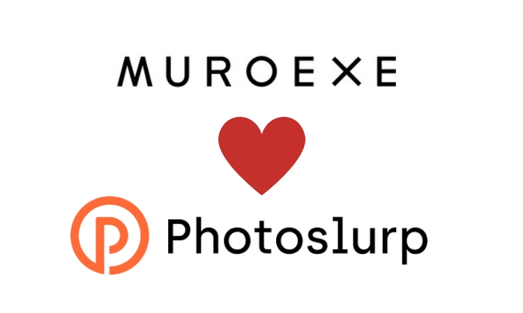 Texto "MUROEXE ♥ Photoslurp" en fondo blanco; destaca un corazón rojo entre marcas, evocando colaboración y amor por la innovación en marketing visual.
