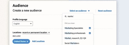 Pantalla de creaci&oacute;n de audiencia, mostrando men&uacute; desplegable para seleccionar "Marketing Specialists," "Marketing professionals," y otros. Configuraci&oacute;n de ubicaci&oacute;n en EE.UU.