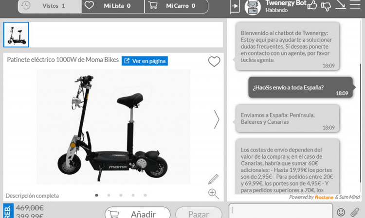 Patinete eléctrico negro en perfil lateral; pantalla con chat promocional y detalles de envío. Texto resaltado: "Patinete eléctrico 1000W de Moma Bikes".