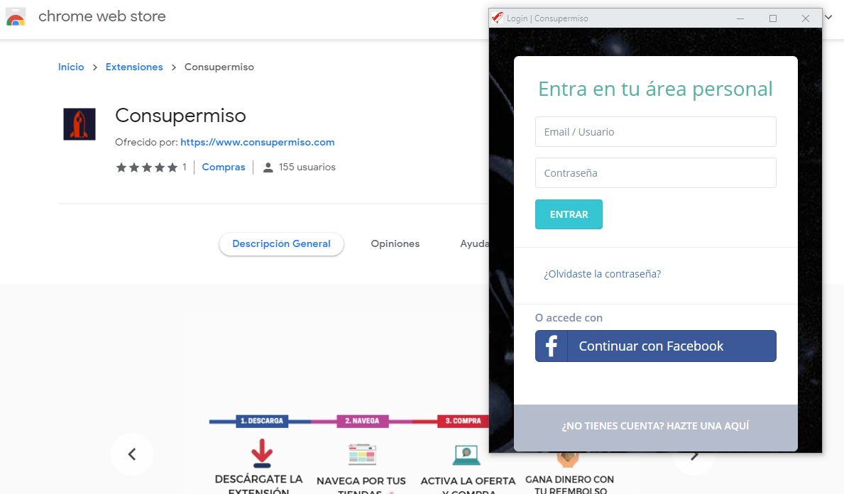 Extension "Consupermiso" en Chrome Store; login emergente solicita "Email/Usuario" y "Contrase&ntilde;a". Opci&oacute;n: "Continuar con Facebook". Enlace registro.