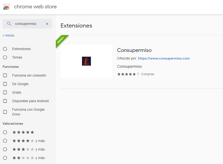 Extensi&oacute;n Consupermiso destacada en Chrome Web Store; incluye enlace, valoraci&oacute;n de 5 estrellas y funciones destacadas como "Gratis" y "De Google".