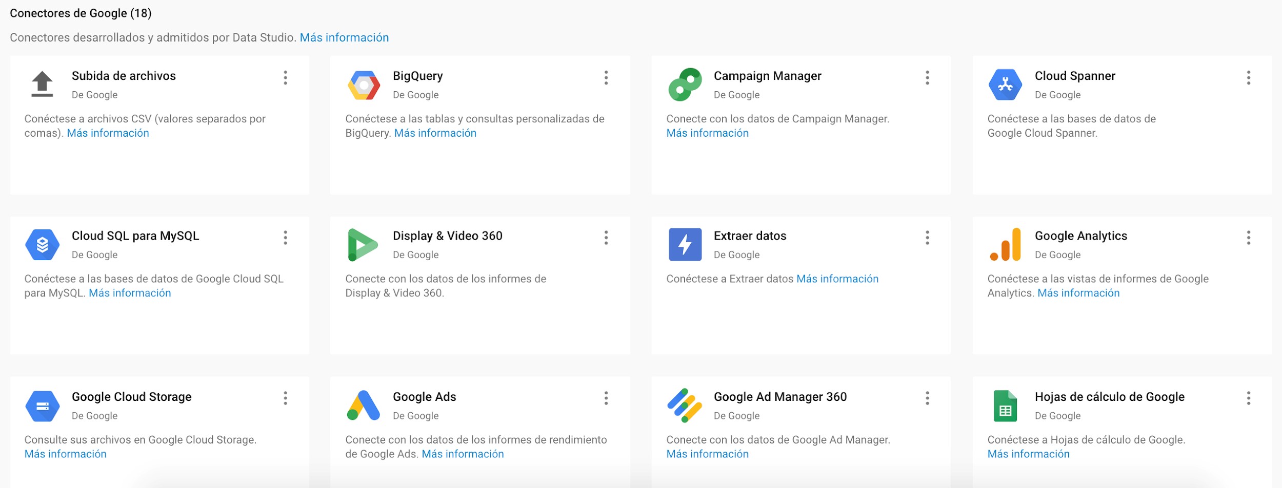 Conectores de Google ofrecidos por Data Studio. Incluye subir archivos, BigQuery, Campaign Manager, Cloud SQL, Google Analytics, y m&aacute;s. Mejora la integraci&oacute;n y an&aacute;lisis de datos. M&aacute;s informaci&oacute;n disponible.