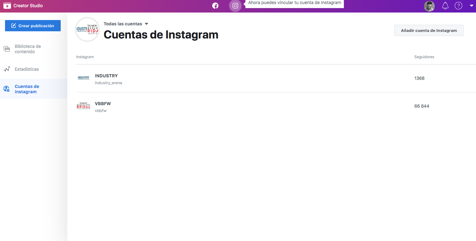 Panel del Creator Studio muestra dos cuentas de Instagram: "INDUSTRY" (1368 seguidores) y "VBBFW" (66844 seguidores). Botones laterales: biblioteca, estad&iacute;sticas.