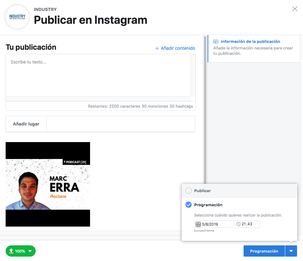 Interfaz de publicaci&oacute;n en Instagram, mostrando secci&oacute;n para texto, imagen de un hombre con texto "Marc Erra Podcast [21]". Opciones de programaci&oacute;n a la derecha.