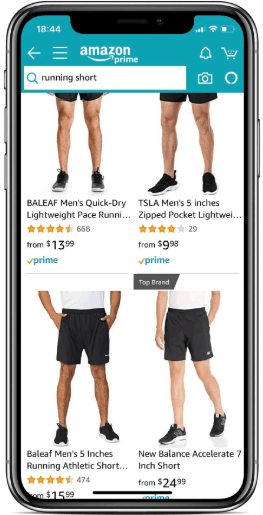 Pantallas de b&uacute;squeda de Amazon mostrando pantalones cortos deportivos para hombres con precios, calificaciones y opciones Prime. Impulsa tus entrenamientos.