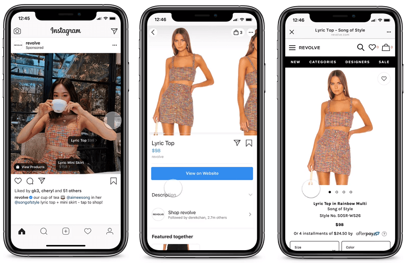 Tres capturas de pantalla en iPhones muestran una campa&ntilde;a de marketing de un vestido en Instagram y una tienda online. La modelo luce un vestido colorido.
