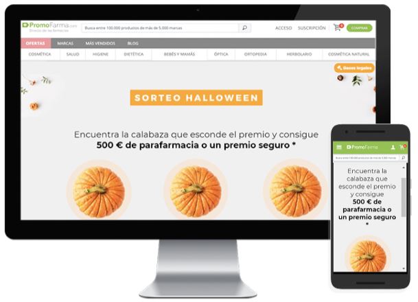 Ordenadores mostrando promoci&oacute;n de Halloween con calabazas y texto: "Encuentra la calabaza que esconde el premio y consigue 500 &euro; de parafarmacia o un premio seguro." Potencia las ventas con sorteos.