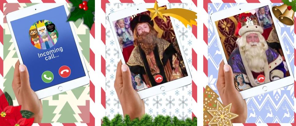 Mano sostiene una tablet mostrando videollamadas con los Reyes Magos, sobre fondos festivos navide&ntilde;os; texto en pantalla: "Incoming call...". Marketing navide&ntilde;o.