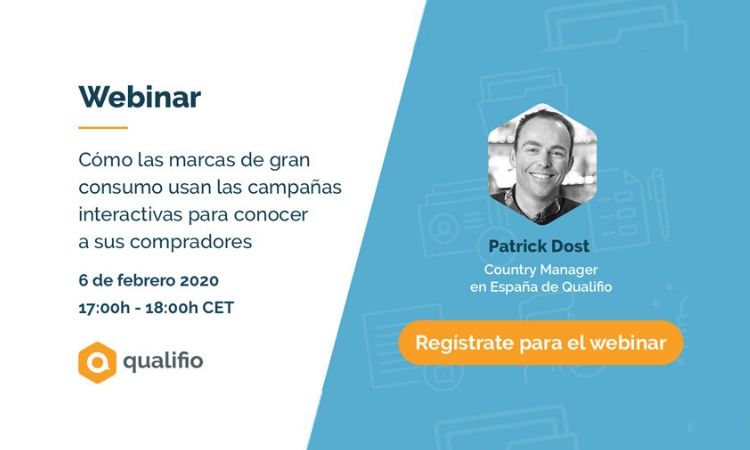 Webinar sobre campañas interactivas de marcas. 6 de febrero 2020, 17:00-18:00 CET. Ponente: Patrick Dost. Botón: "Regístrate para el webinar".