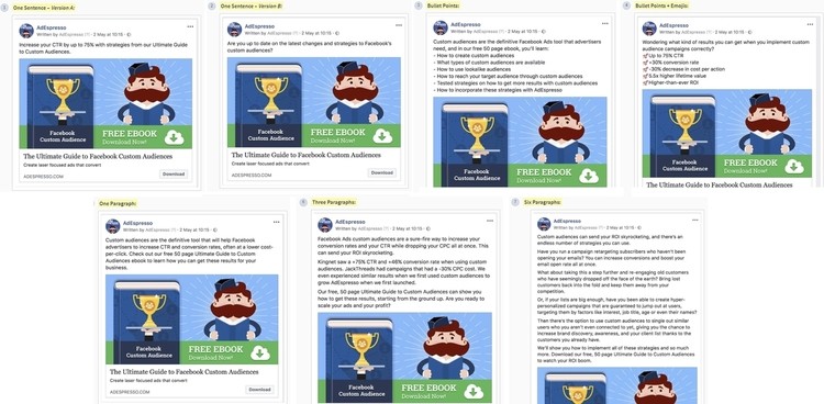 Se muestra una serie de anuncios en Facebook promoviendo un ebook gratuito sobre audiencias personalizadas. Cada anuncio incluye una imagen de un trofeo y un dibujo de una persona sonriente, junto a botones de descarga. El texto destaca estrategias de marketing en Facebook y menciona obtener m&aacute;s clientes.