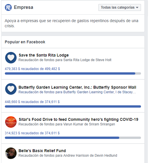 Empresas reciben apoyo financiero en Facebook tras crisis. Campa&ntilde;as populares incluyen Save Santa Rita, Butterfly Garden, Sitar's Food Drive y Belle's Basix Relief Fund.