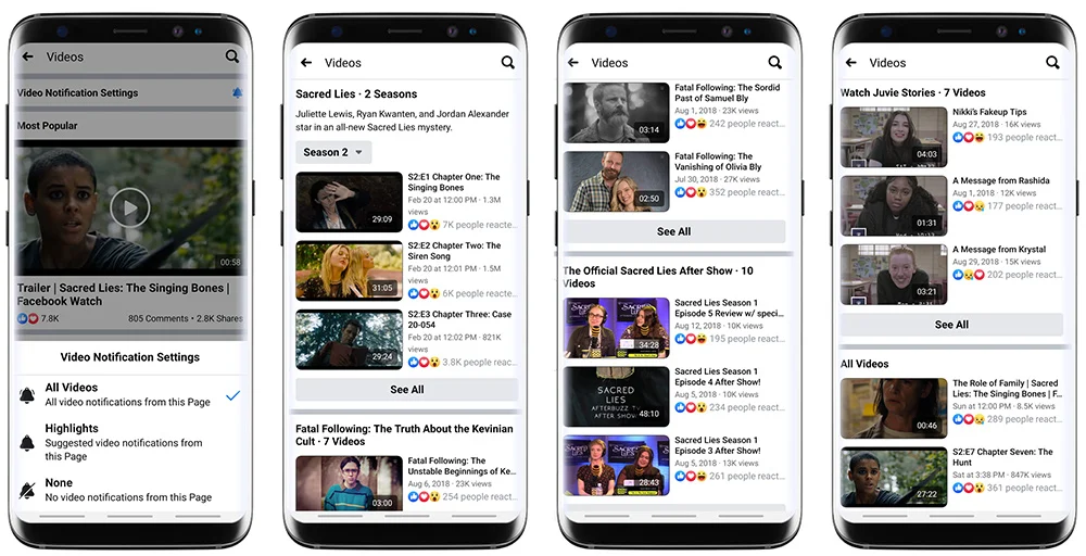 Cuatro pantallas de m&oacute;vil muestran listas de videos, t&iacute;tulos, fechas, duraci&oacute;n y reacciones en una aplicaci&oacute;n de streaming. Enfatiza contenido cautivador.
