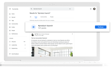 Pantalla de port&aacute;til muestra resultados para "#product-launch", con opci&oacute;n de "Follow". Ambiente de red profesional. Texto destacado en publicaci&oacute;n de usuario.
