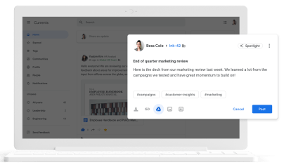 Una pantalla de port&aacute;til muestra una aplicaci&oacute;n de red social empresarial. Un usuario publica una actualizaci&oacute;n sobre revisi&oacute;n de marketing con hashtags relevantes.