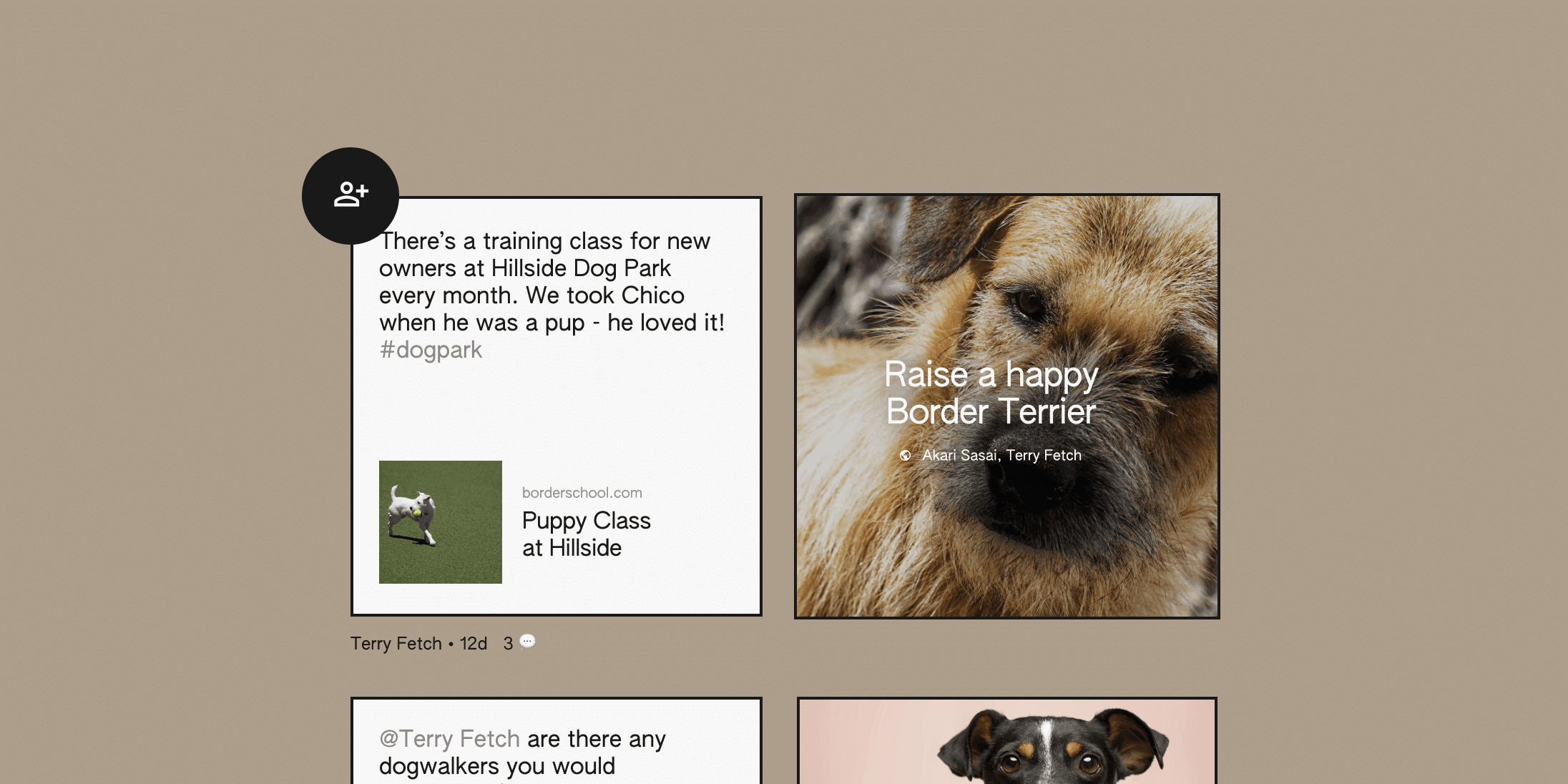 Cartel promocional de clases de adiestramiento de cachorros en parque. Imagen del Border Terrier. Texto: &ldquo;Raise a happy Border Terrier. There's a training class...&rdquo;.
