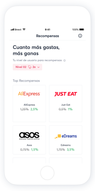Pantalla de m&oacute;vil mostrando recompensas con logos de AliExpress, Just Eat, ASOS y eDreams. Texto: "Cuanto m&aacute;s gastas, m&aacute;s ganas". Marketing de recompensas.