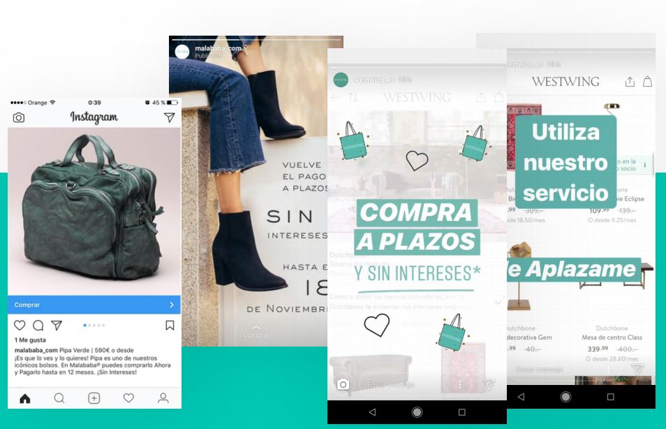Montaje de publicidad digital con bolso verde, botas negras y texto promocional: "COMPRA A PLAZOS Y SIN INTERESES", "Utiliza nuestro servicio de Aplazame".