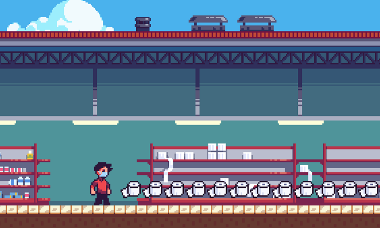 Personaje pixelado camina en una tienda junto a estantes llenos de cajas, en un entorno colorido y retro, evocando un estilo de videojuego clásico.