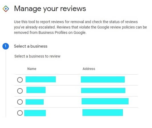 Herramienta de gesti&oacute;n de rese&ntilde;as de Google; permite seleccionar un negocio para revisar y gestionar rese&ntilde;as inapropiadas. Ideal para optimizaci&oacute;n digital.