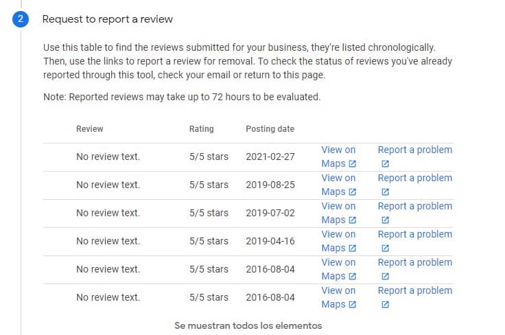 Formulario de gesti&oacute;n de rese&ntilde;as con entradas sin texto, puntuadas 5 estrellas, con fechas de publicaci&oacute;n y links para ver en Maps o reportar problemas.   Marketing: optimizaci&oacute;n de rese&ntilde;as, presencia digital, gesti&oacute;n de reputaci&oacute;n.