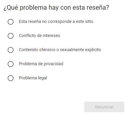Formulario interactivo; usuario selecciona problema de rese&ntilde;a (opciones: sitio incorrecto, conflicto de intereses, contenido ofensivo, privacidad, legal). Bot&oacute;n "Denunciar".