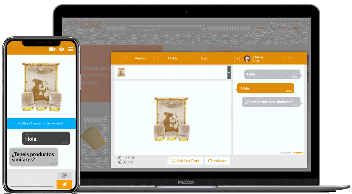 Tel&eacute;fono y port&aacute;til muestran chat de atenci&oacute;n al cliente sobre productos. Texto: "Oct8ne", "Hola", "&iquest;Ten&eacute;is productos similares?". Marketing online.
