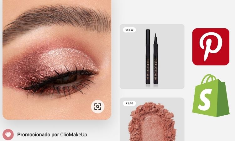 Un ojo cerrado con sombra de ojos rosada brillante. A la derecha, delineador y sombra con iconos de Pinterest y Shopify. Texto: "Promocionado por ClioMakeUp".