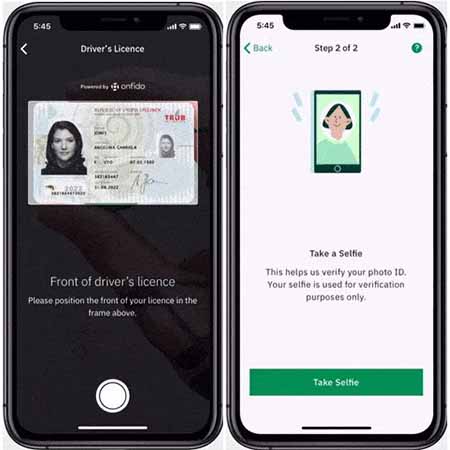 Tel&eacute;fono muestra captura de imagen de carnet de conducir a la izquierda y pantalla de verificaci&oacute;n de selfie a la derecha. Texto: "Driver's Licence, Front of driver's licence" y "Take a Selfie, Step 2 of 2". Herramienta digital para autenticaci&oacute;n segura.
