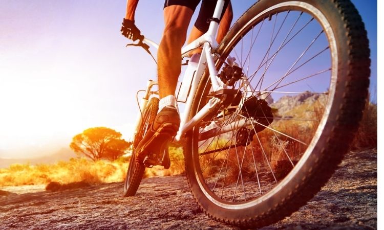 Bicicleta-avanza-camino-montañoso. Contexto: horizonte soleado. Ideal para promo de aventura y ciclismo en exteriores. Sin texto visible.