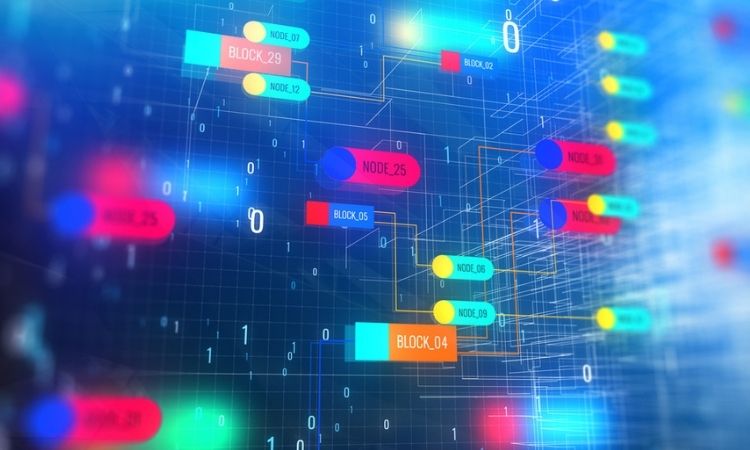 Conexiones digitales interconectando bloques y nodos con etiquetas de texto como "BLOCK_29" y "NODE_25" en un fondo azul lleno de números binarios.