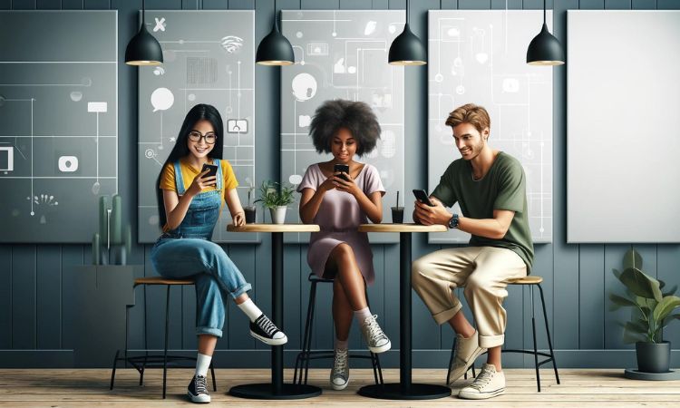 En una cafetería, sentados en la misma mesa y mirando sus respectivos teléfonos móviles, vemos a una mujer de ascendencia asiática con peto vaquero, camiseta amarilla y deportivas; a una mujer negra con un vestido morado largo y holgado y deportivas; y a un hombre blanco y rubio con camiseta verde y pantalones crema. Están interactuando en nuevas redes sociales.