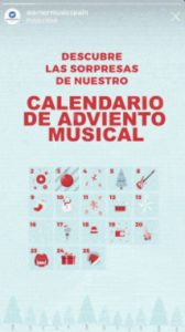 Calendario de adviento musical con &iacute;conos navide&ntilde;os; texto: "Descubre las sorpresas de nuestro Calendario de Adviento Musical". Ideal para marketing festivo.