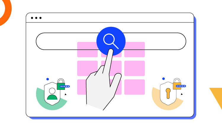 Mano seleccionando icono de búsqueda en un navegador; fondo de cuadros rosados, íconos de seguridad con candados y teclas a ambos lados. Seguridad online.