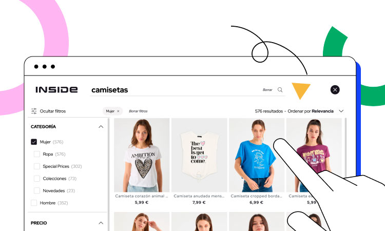 Pantalla mostrando selecci&oacute;n de camisetas en tienda online "INSIDE"; incluye precios y filtros de categor&iacute;a para mujer. Usuario navegando opci&oacute;n.