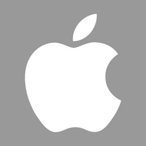 Logo de una manzana blanca con un mordisco, ubicado en el centro de un fondo gris. Icono de tecnolog&iacute;a y dise&ntilde;o moderno.