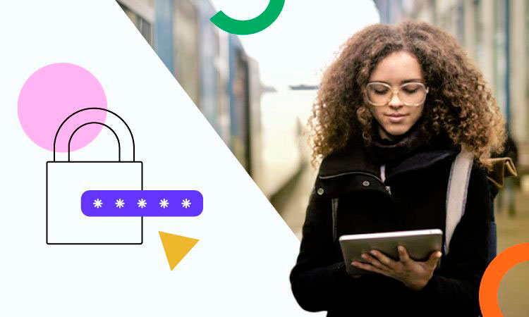 Mujer con gafas usando tableta en estación. Contexto digital y seguro con ícono de candado y elementos gráficos coloridos. Ideal para marketing de tecnología.