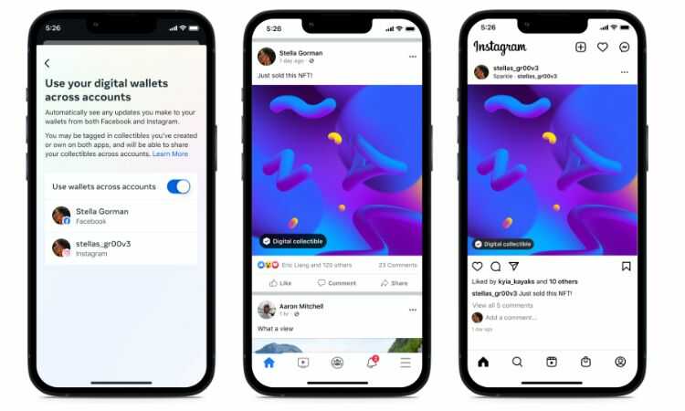 Dos pantallas de m&oacute;viles: Una muestra "Usa tus carteras digitales en todas las cuentas" con interruptor activado. Otra es una publicaci&oacute;n de Facebook vendiendo un NFT. Marca: Instagram.