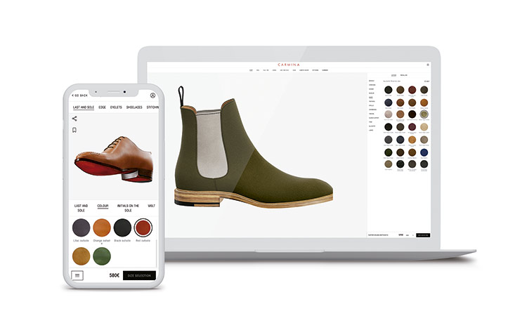 Tel&eacute;fono y port&aacute;til mostrando botas personalizadas. Acci&oacute;n: selecci&oacute;n de colores y estilos. Contexto: entorno virtual de dise&ntilde;o de calzado. Texto: "CARMINA".