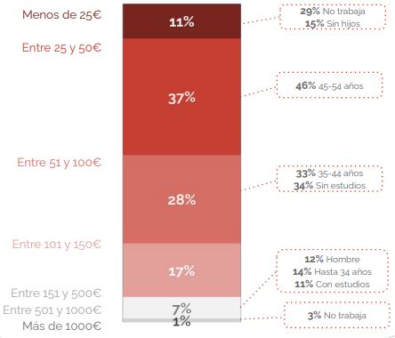 Gr&aacute;fico de barras representa ingresos. Segmentos: menos de 25&euro; (11%), 25-50&euro; (37%), 51-100&euro; (28%), 101-150&euro; (17%), m&aacute;s. P&uacute;blico objetivo indicado.