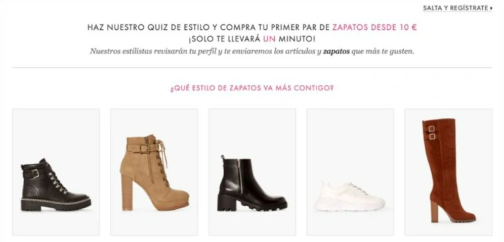 Cuatro tipos de zapatos sobre fondo blanco. Texto superior: "HAZ NUESTRO QUIZ DE ESTILO Y COMPRA TU PRIMER PAR DE ZAPATOS DESDE 10 &euro; &iexcl;SOLO TE LLEVAR&Aacute; UN MINUTO!" Marketing atractivo.