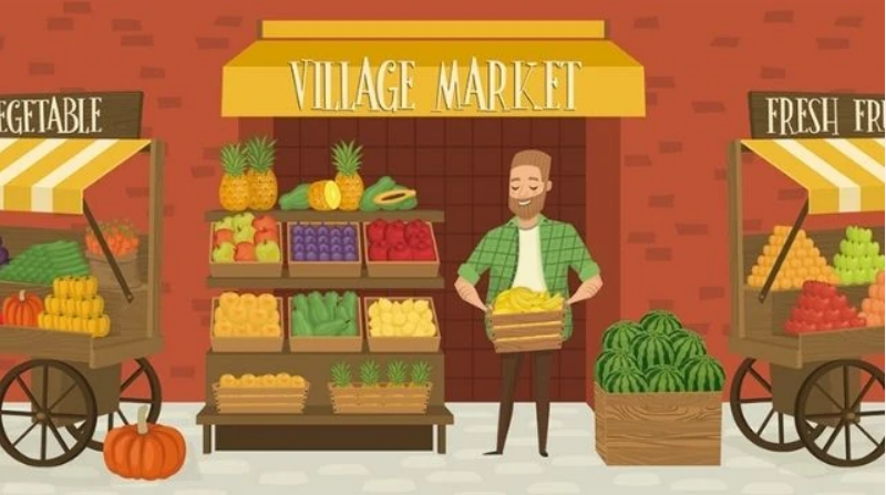 Hombre sonriente sostiene verduras frente a un puesto de mercado con frutas y verduras coloridas. Textos: "VILLAGE MARKET", "VEGETABLE", "FRESH FRUIT". Ambiente acogedor.