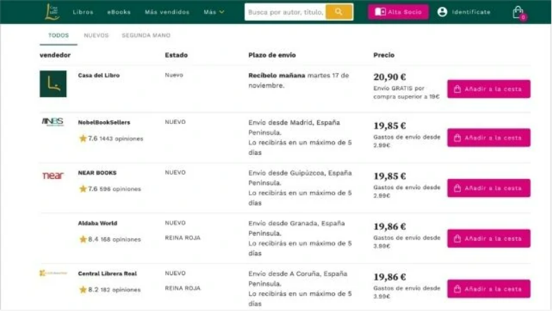 Lista de vendedores en l&iacute;nea, mostrando estado del producto, plazos de entrega, y precios. Opci&oacute;n de a&ntilde;adir al carrito, destacando precios competitivos.
