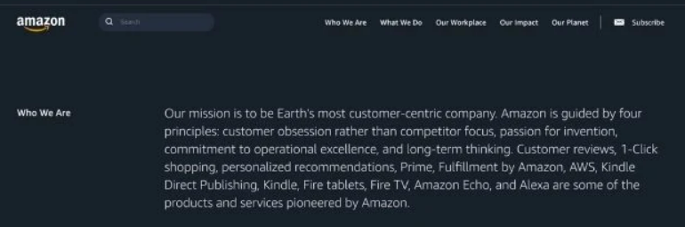 Logotipo de Amazon, acompa&ntilde;ado de un texto en ingl&eacute;s que describe la misi&oacute;n de la empresa. Contexto: p&aacute;gina web corporativa.