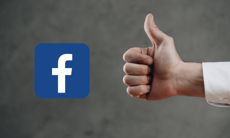 Logo de Facebook en azul junto a una mano haciendo "pulgar arriba", simbolizando aprobación, sobre un fondo gris. Perfecto para destacar en redes sociales.