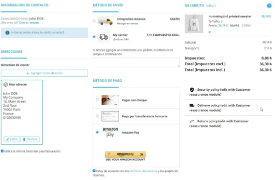Formulario de pago en l&iacute;nea. Cliente selecciona m&eacute;todo de env&iacute;o, m&eacute;todo de pago y revisa carrito con su&eacute;ter colibr&iacute;. Destacan pol&iacute;ticas de seguridad, entrega y devoluci&oacute;n.