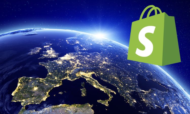 Logo de Shopify flotando sobre Europa iluminada desde el espacio, simbolizando la expansión global y el comercio digital.