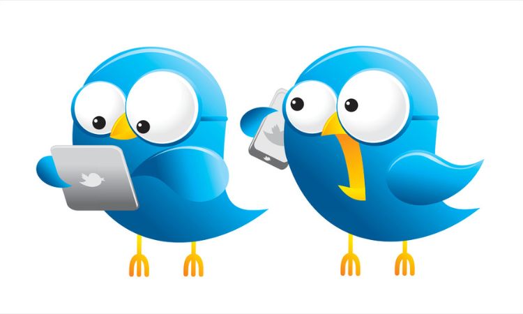 Dos pájaros azules animados; uno sostiene una tablet, el otro un móvil, ambos con el logo de Twitter. Ambiente digital y social.